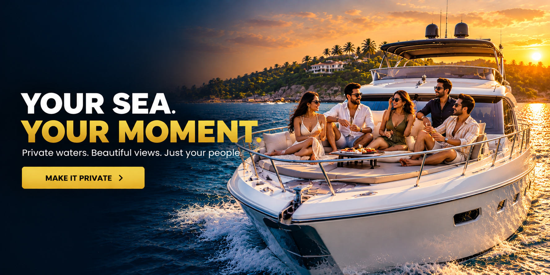 sleek modern white luxury yacht cruising through crystal-clear blue water along the Goa coastline during late afternoon Mobile