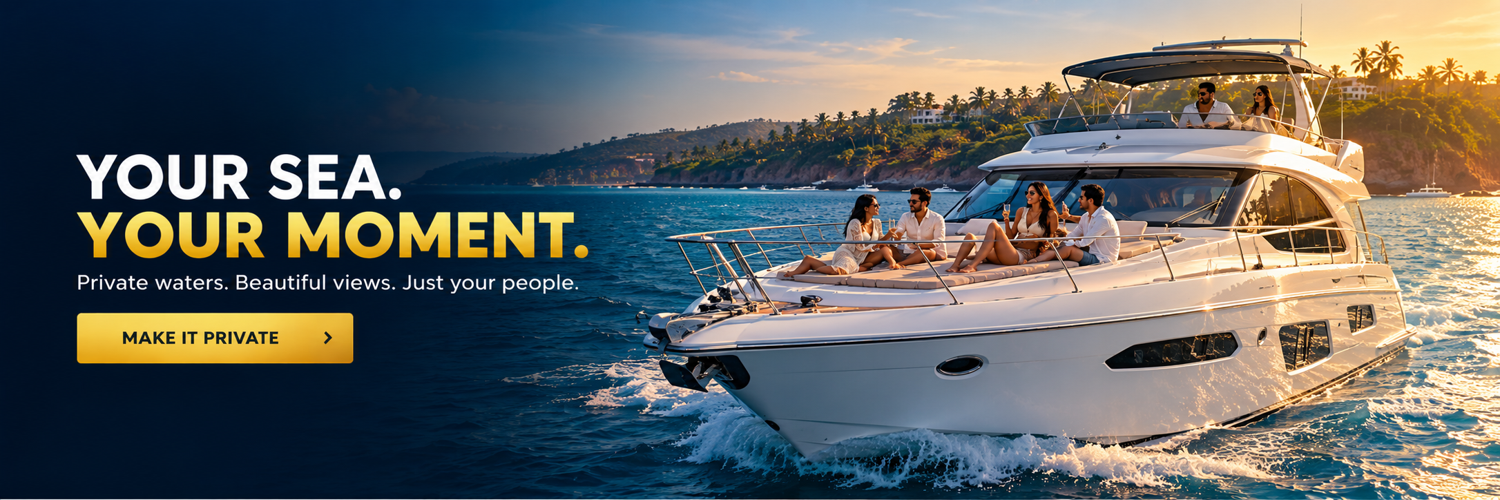 sleek modern white luxury yacht cruising through crystal-clear blue water along the Goa coastline during late afternoon
